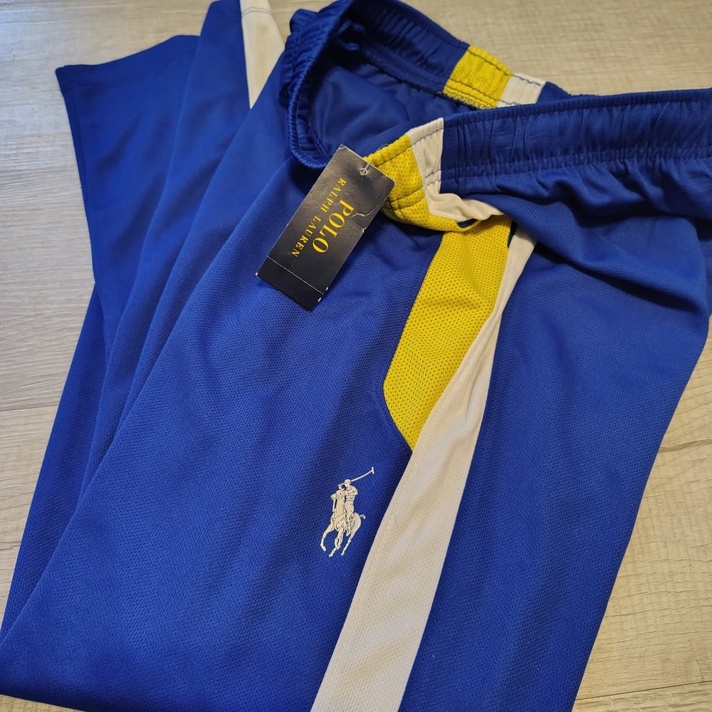 Polo Ralph Lauren Boys Blue Track Pants Yellow White Stripe Size Large NWT